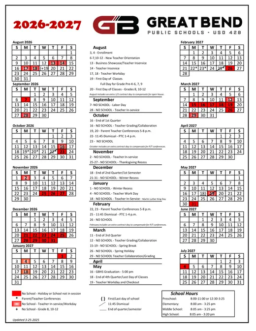 Great Bend Public Schools - USD 428 2026–2027 Academic Calendar