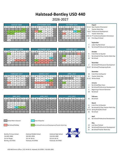 Halstead-Bentley USD 440 2026–2027 Academic Calendar