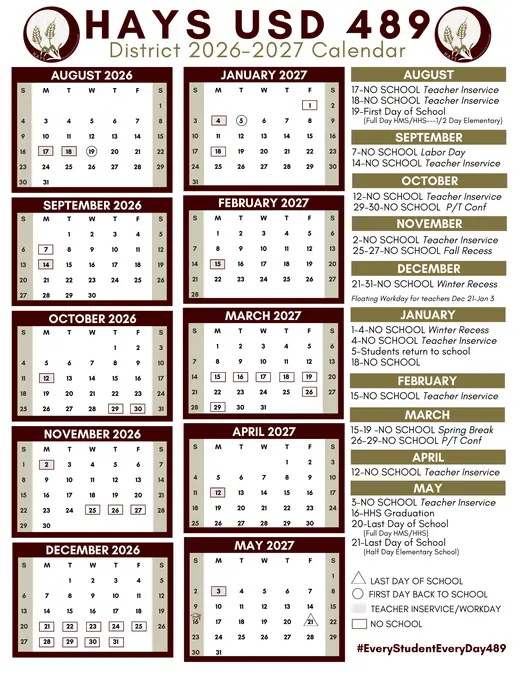 Hays USD 489 2026–2027 Academic Calendar
