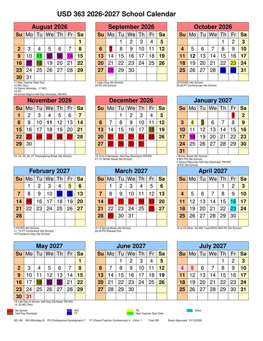 Holcomb USD 363 2026–2027 Academic Calendar