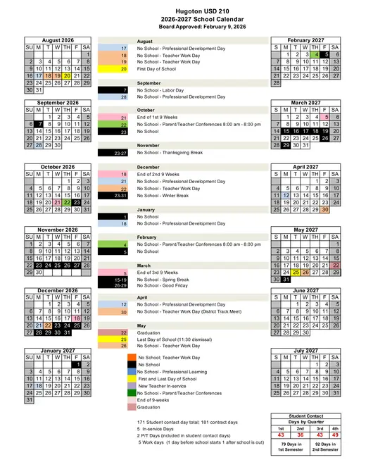 Hugoton USD 210 2026–2027 Academic Calendar