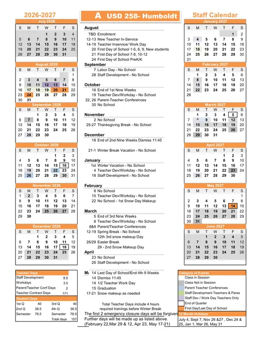 Humboldt USD 258 2026–2027 Academic Calendar Page 1