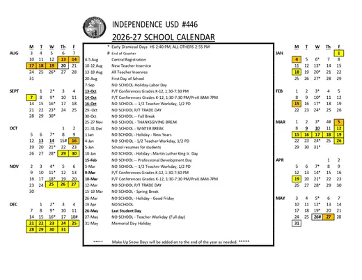 Independence USD #446 2026–2027 Academic Calendar