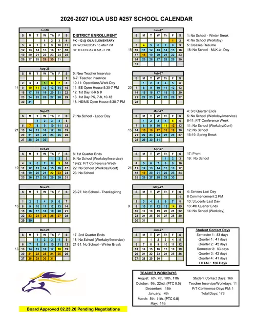 Iola USD 257 2026–2027 Academic Calendar