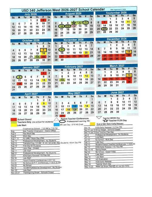 Jefferson West USD 340 2026–2027 Academic Calendar