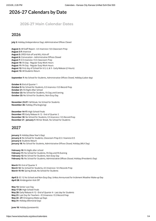 Kansas City Kansas Unified School District 500 2026–2027 Academic Calendar Page 1