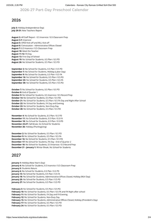 Kansas City Kansas Unified School District 500 2026–2027 Academic Calendar Page 2