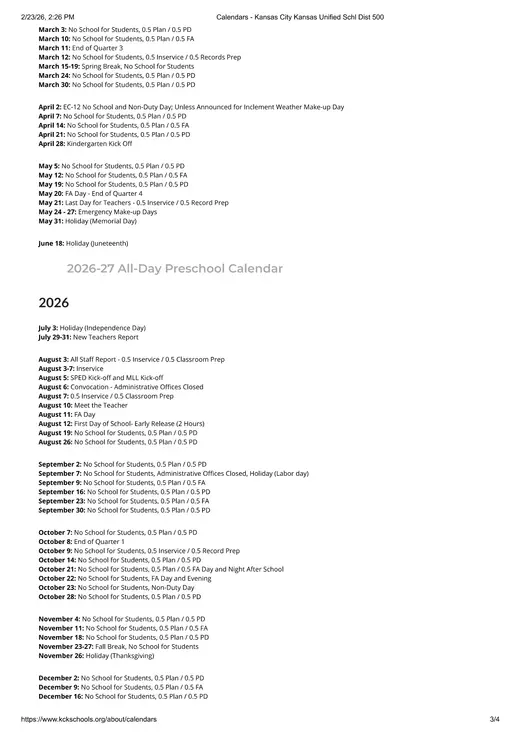 Kansas City Kansas Unified School District 500 2026–2027 Academic Calendar Page 3