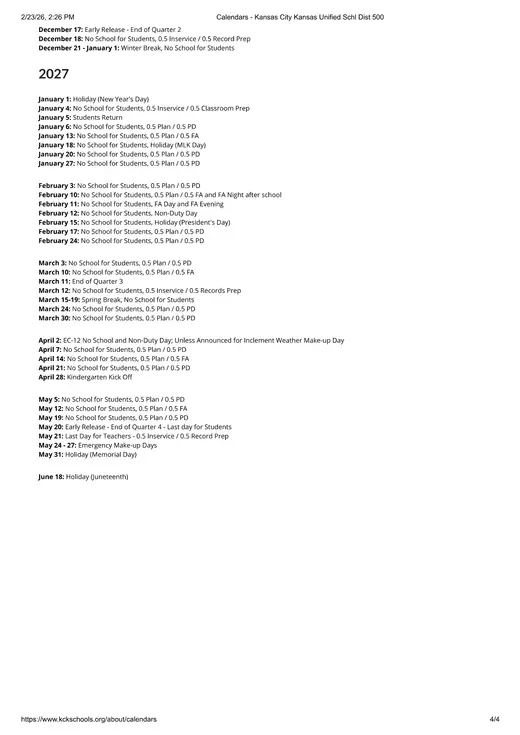 Kansas City Kansas Unified School District 500 2026–2027 Academic Calendar Page 4