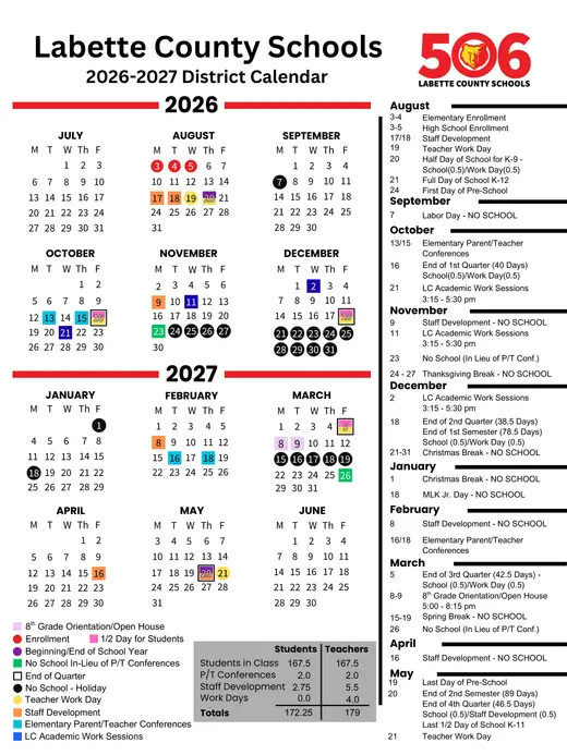 Labette County Schools 2026–2027 Academic Calendar