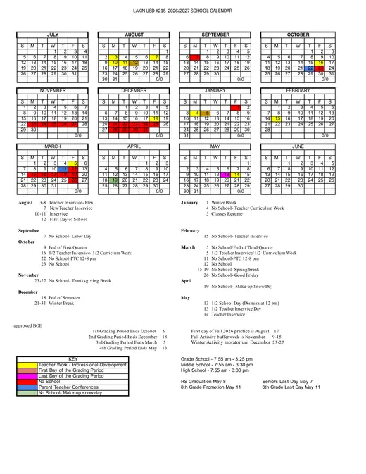 Lakin USD #215 2026–2027 Academic Calendar