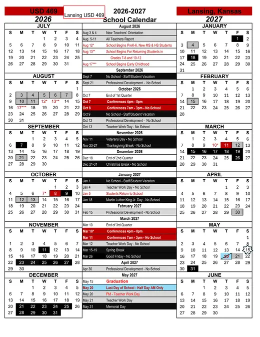 Lansing USD 469 2026–2027 Academic Calendar