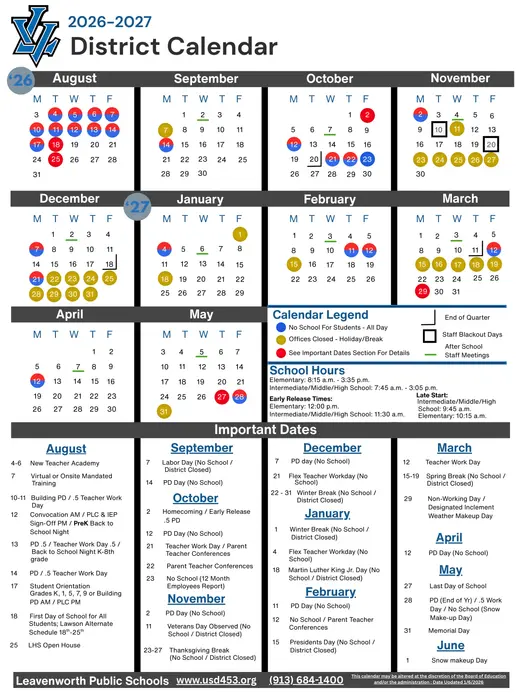 Leavenworth Public Schools 2026–2027 Academic Calendar