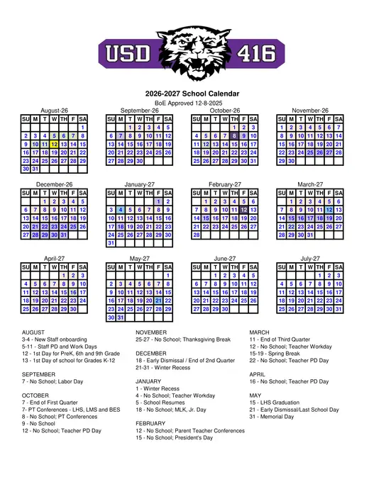 Louisburg USD 416 2026–2027 Academic Calendar Page 1