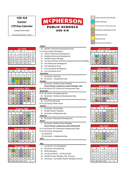 McPherson USD 418 2026–2027 Academic Calendar