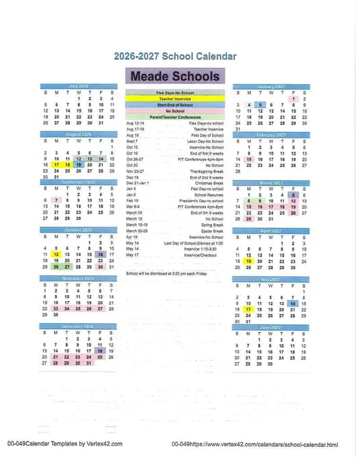 Meade Schools 2026–2027 Academic Calendar Page 2