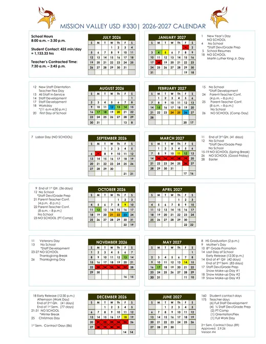 Mission Valley USD #330 2026–2027 Academic Calendar
