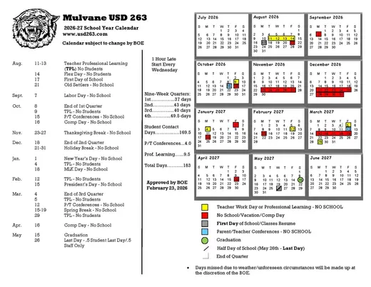Mulvane USD 263 2026–2027 Academic Calendar Page 2