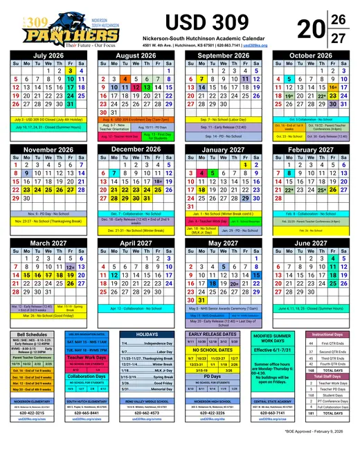 Nickerson-South Hutchinson USD 309 2026–2027 Academic Calendar