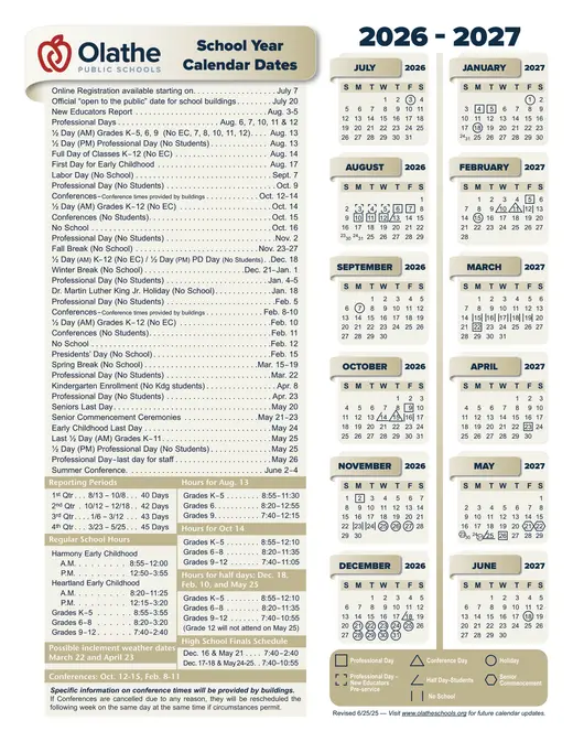 Olathe Public Schools 2026–2027 Academic Calendar
