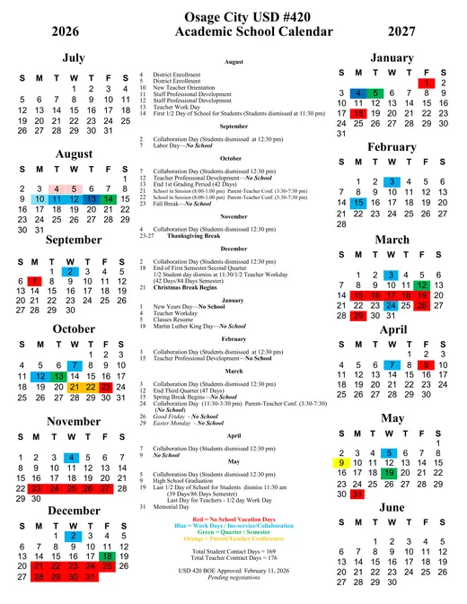 Osage City USD #420 2026–2027 Academic Calendar