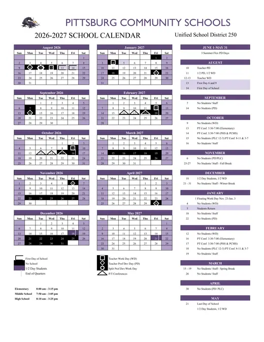 Pittsburg Community Schools USD 250 2026–2027 Academic Calendar