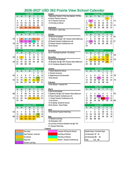 Prairie View USD 362 2026–2027 Academic Calendar Page 2