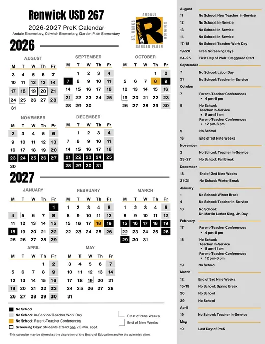 Renwick USD 267 2026–2027 Academic Calendar