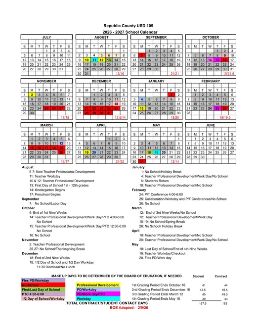 Republic County USD 109 2026–2027 Academic Calendar