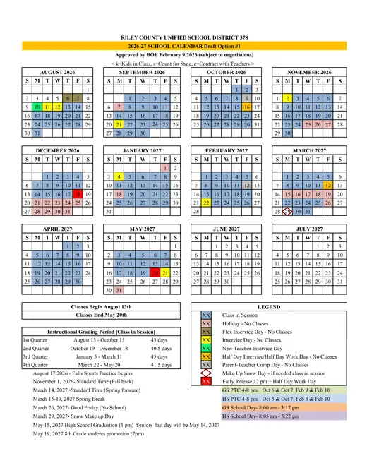 Riley County Unified School District 378 2026–2027 Academic Calendar
