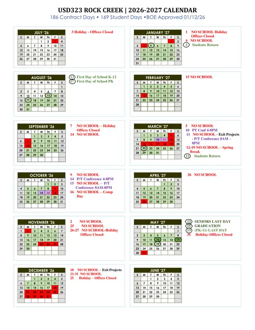 Rock Creek USD 323 2026–2027 Academic Calendar