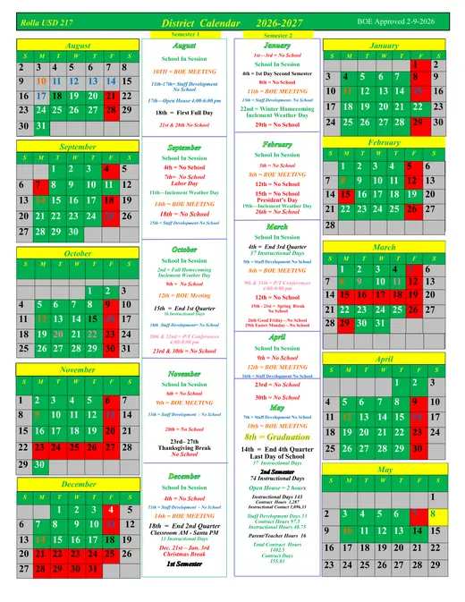Rolla USD 217 2026–2027 Academic Calendar