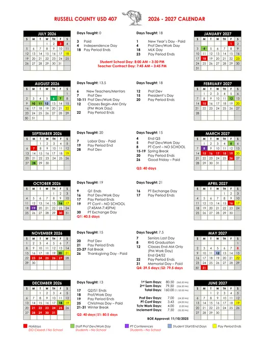 Russell County USD 407 2026–2027 Academic Calendar