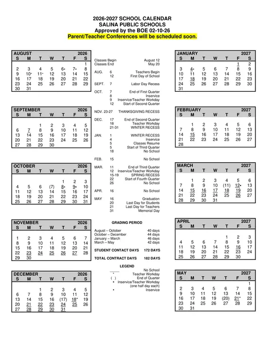 Salina Public Schools 2026–2027 Academic Calendar