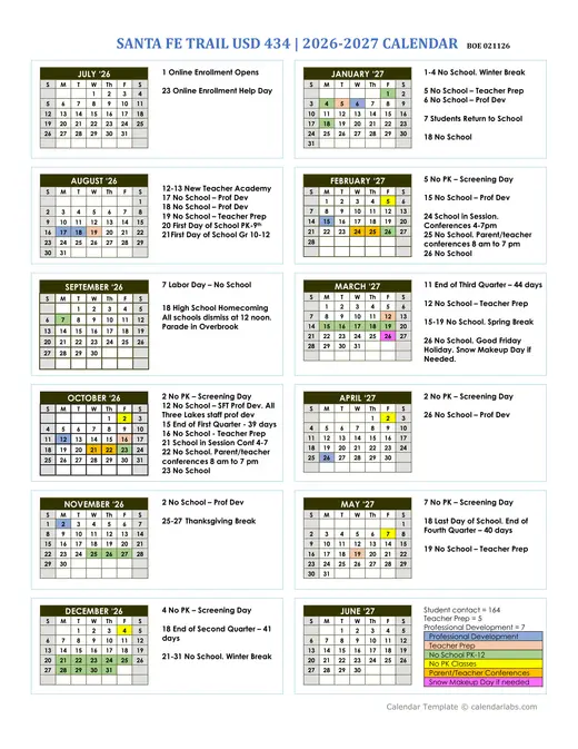 Santa Fe Trail USD 434 2026–2027 Academic Calendar