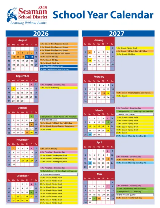 Seaman School District #345 2026–2027 Academic Calendar
