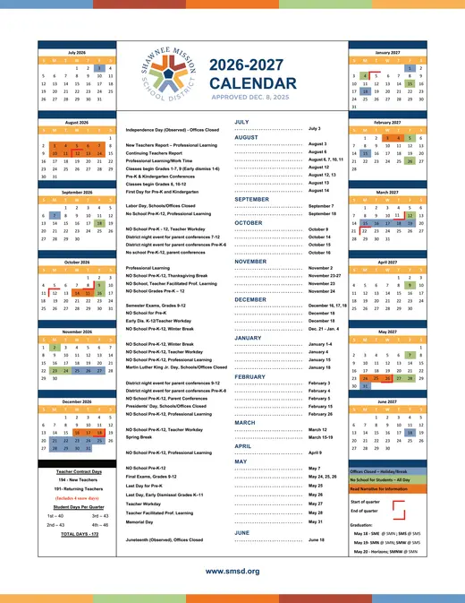 Shawnee Mission School District 2026–2027 Academic Calendar