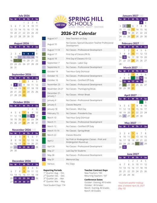 Spring Hill Schools USD 230 2026–2027 Academic Calendar