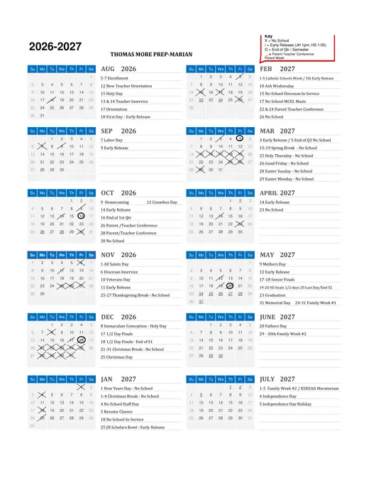 Thomas More Prep-Marian 2026–2027 Academic Calendar