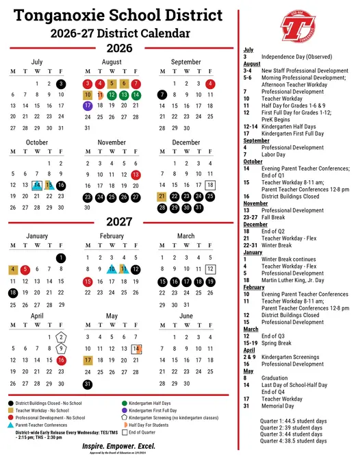 Tonganoxie School District 2026–2027 Academic Calendar