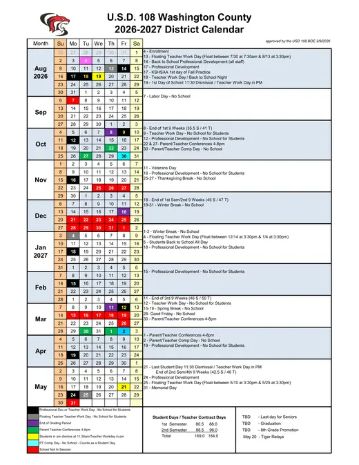 U.S.D. 108 Washington County 2026–2027 Academic Calendar