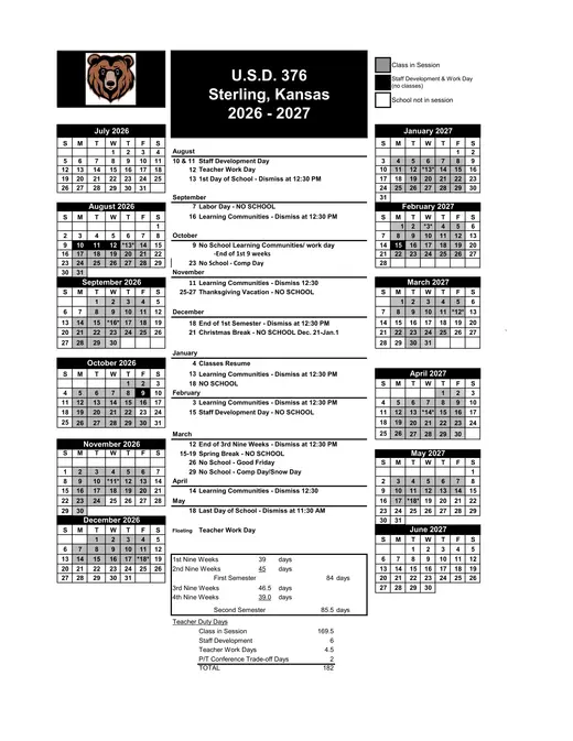 U.S.D. 376 Sterling, Kansas 2026–2027 Academic Calendar