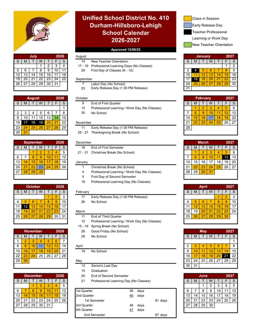 Unified School District No. 410 Durham-Hillsboro-Lehigh 2026–2027 Academic Calendar