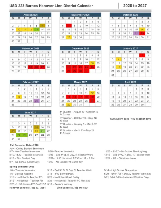 USD 223 Barnes Hanover Linn District 2026–2027 Academic Calendar