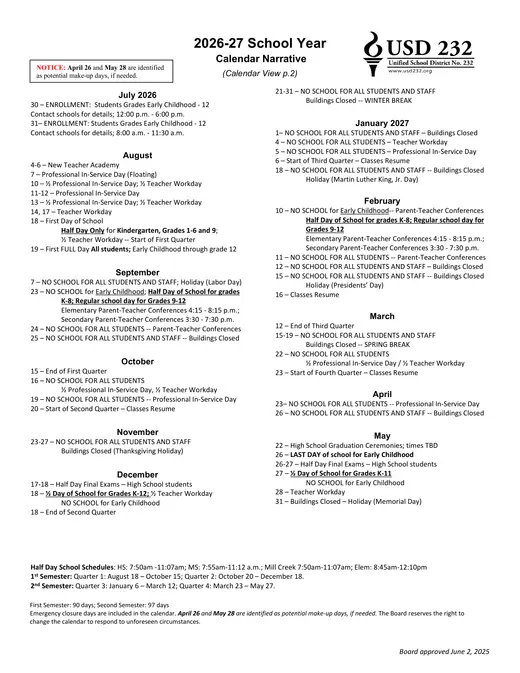 USD 232 Unified School District 2026–2027 Academic Calendar Page 2