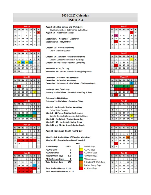 USD # 234 2026–2027 Academic Calendar Page 2