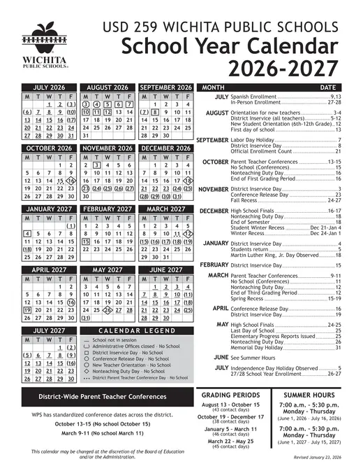 USD 259 Wichita Public Schools 2026–2027 Academic Calendar Page 1