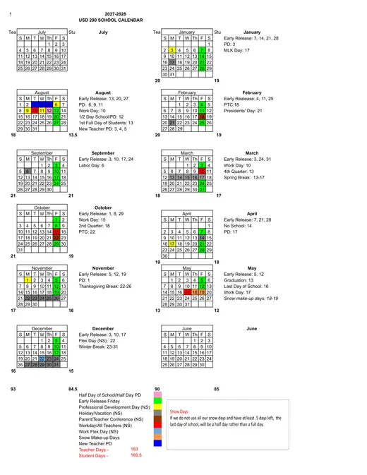 USD 290 2027–2028 Academic Calendar