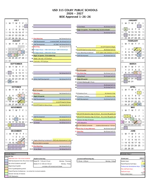 USD 315 Colby Public Schools 2026–2027 Academic Calendar