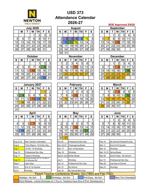 USD 373 Newton Public Schools 2026–2027 Academic Calendar